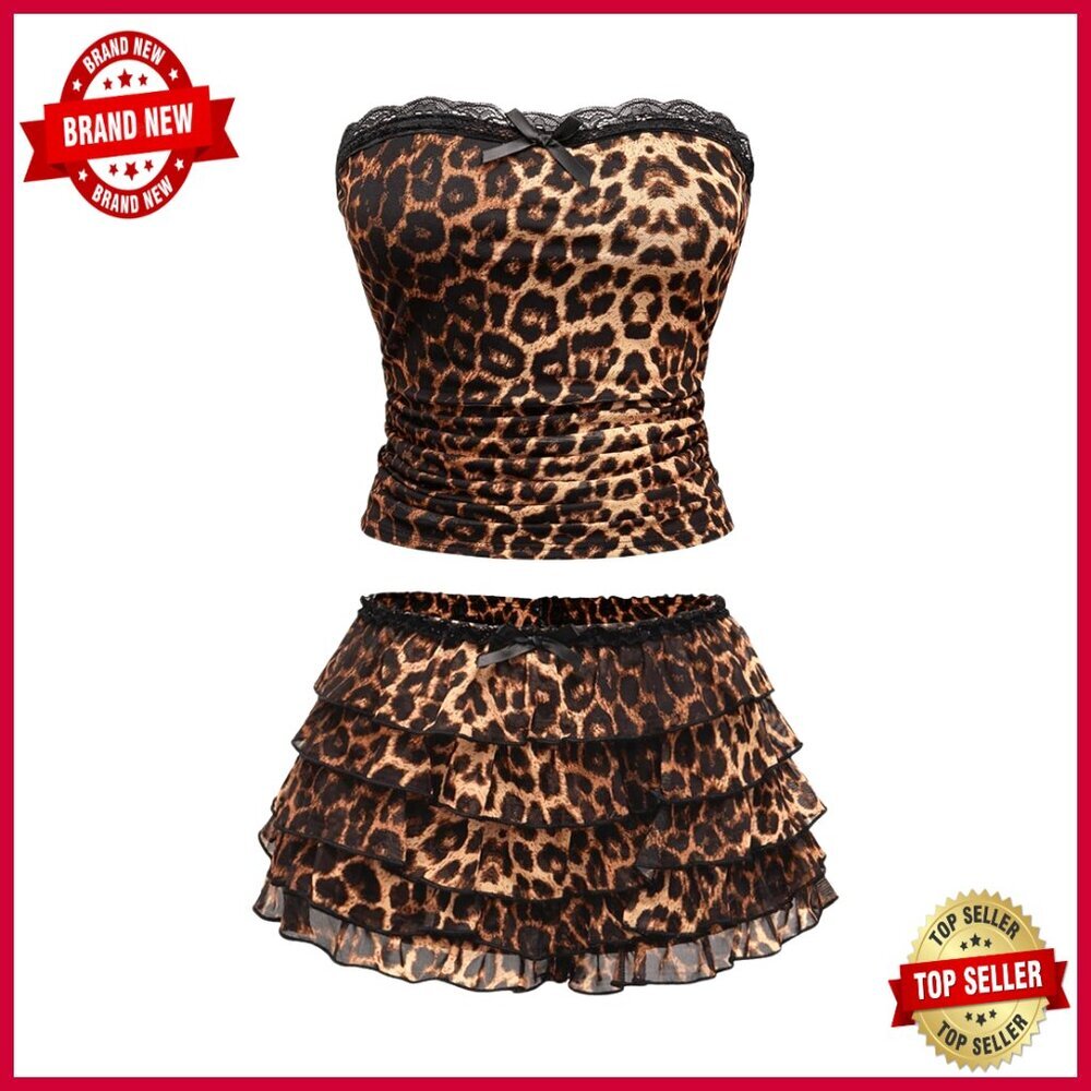 2 Piece Cheetah Print Set Tube Top Mesh Shorts Sexy Rave Clubwear